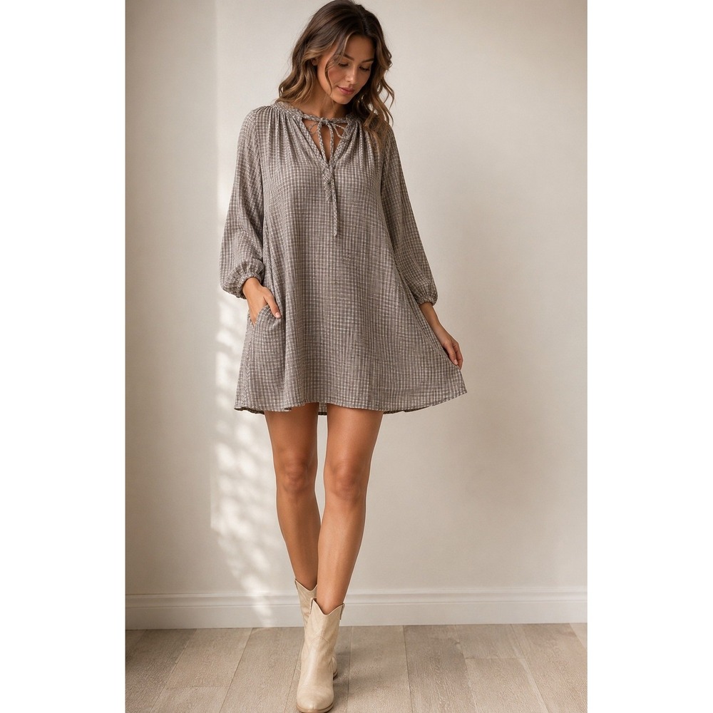 Daughters of India Kyra Mini Dress Check 100% CTN Smock Boho Chic Cottagecore S
